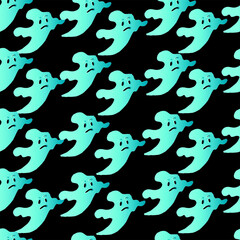 Hand drawn seamless Halloween pattern.The contours of the blue ghosts on a dark blue background. Vector illustration.