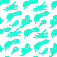 Hand drawn seamless Halloween pattern.The contours of the blue ghosts on a dark blue background. Vector illustration.