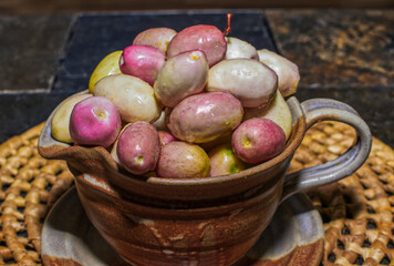 Wild Gopher apple - Geobalanus oblongifolius Fresh ripe fruit picked in bowl.  Flavor is like pink bubble gum