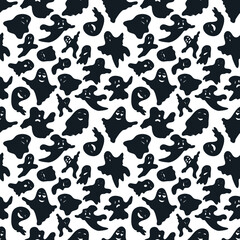 Hand drawn seamless Halloween pattern. Black   ghosts on a white background. Vector illustration.