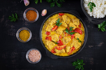 Traditional Indian curry chicken masala. Indian chicken curry with sweet peppers and  rice in bowl, spices, dark background. Traditional Indian dish. Top view, flat lay - obrazy, fototapety, plakaty