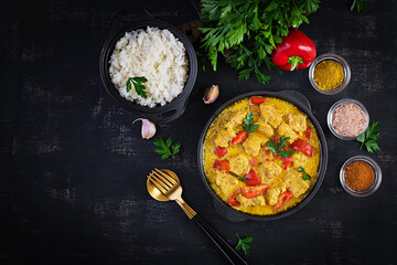 Traditional Indian curry chicken masala. Indian chicken curry with sweet peppers and  rice in bowl, spices, dark background. Traditional Indian dish. Top view, flat lay