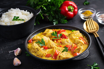 Traditional Indian curry chicken masala. Indian chicken curry with sweet peppers and  rice in bowl, spices, dark background. Traditional Indian dish.