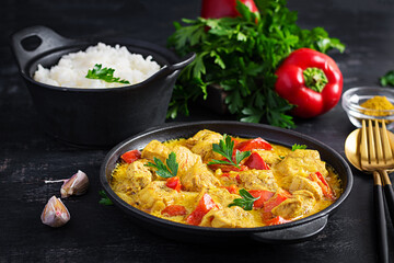 Traditional Indian curry chicken masala. Indian chicken curry with sweet peppers and  rice in bowl, spices, dark background. Traditional Indian dish.