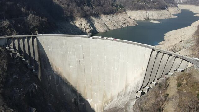 Drone view of Verzasca dam on the Swiss alps
