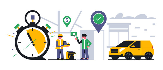 Online food delivery service to your home. The courier transfers the successfully completed order and receives the money. Food, time, clock, money, car, street, map, gps point. Vector illustration.