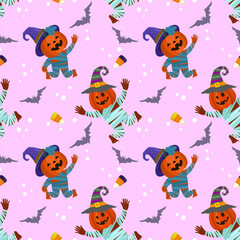 Fototapeta premium Cute and funny Halloween pumpkin with bat seamless pattern.