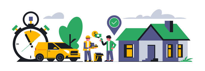 Naklejka premium Online food delivery service to your home. The courier transfers the successfully completed order and receives the money. Food, time, clock, money, car, street, map, gps point. Vector illustration.