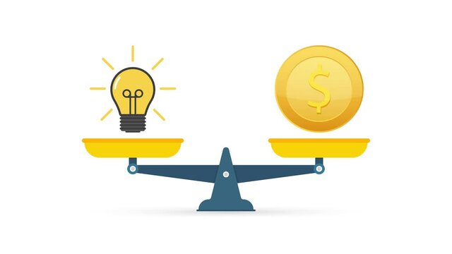 Light bulb idea and money on scales. Motion graphics