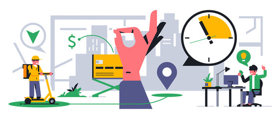 Online food delivery service to your home. An office worker got the idea to order food delivery. Courier, electric scooter, money, bank card, payment, city, map, route, gps. Vector illustration.