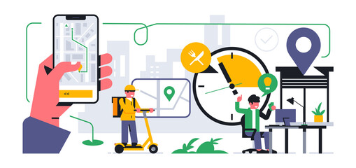 Online food delivery service to your home. An office worker got the idea to order food delivery. Courier on a scooter, hand holding a phone, navigation map, route to address, time.Vector illustration