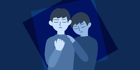 悲しみの中で寄り添いあう人物（背景あり）