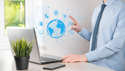 Business man hiold, use,press infographic icon of community technology digital.Concept of hi tech and big data. Global connection.IoT Internet of Things . ICT Information Communication Network .