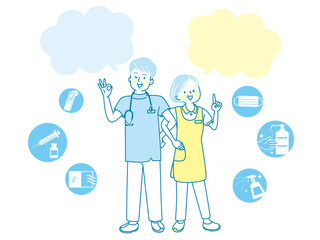 ワクチンを説明する笑顔のシニア医療従事者と医療アイコン