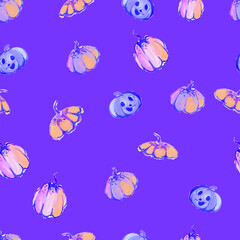 Seamless violet halloween pattern with hand-drawn pumpkins, vector.