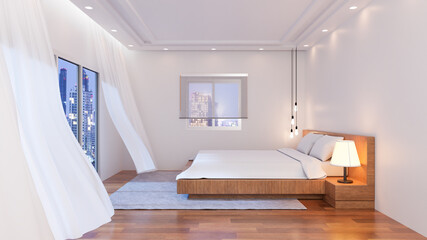 3D rendering bedroom interior design near the window on city background.