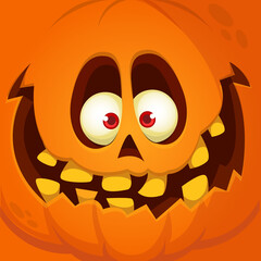 Cartoon funny  Halloween pumpkin head with scary face expression. Vector illustration of jack-o-lantern monster character design with carved emotion