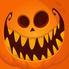 Cartoon funny  Halloween pumpkin head with scary face expression. Vector illustration of jack-o-lantern monster character design with carved emotion