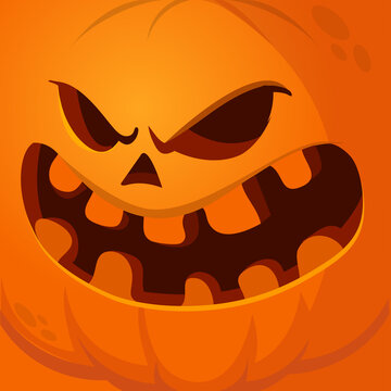 Cartoon funny  Halloween pumpkin head with scary face expression. Vector illustration of jack-o-lantern monster character design with carved emotion