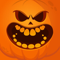 Cartoon funny  Halloween pumpkin head with scary face expression. Vector illustration of jack-o-lantern monster character design with carved emotion