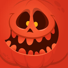 Cartoon funny  Halloween pumpkin head with scary face expression. Vector illustration of jack-o-lantern monster character design with carved emotion