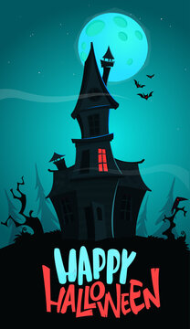 Happy halloween haunted house cartoon illustration. Vector horror scary mansion on the night background with moon. Party poster