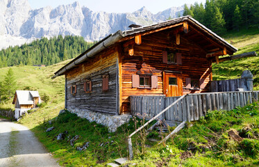 a beautiful traditional wooden house in the Austrian Alps of the Dachstein region (Austria)