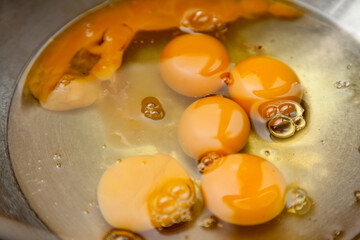 Closeup of egg yolks in a pan.