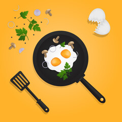 Fried egg in a pan with mushrooms, onions and parsley. Vector illustration