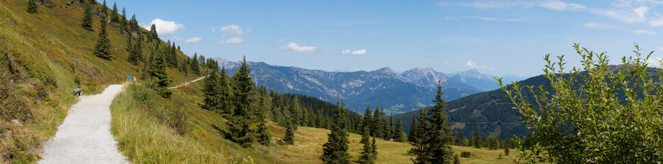 a panorama with a path leading through the beautiful alpine landscape in the Schladming-Dachstein region in Austria 
