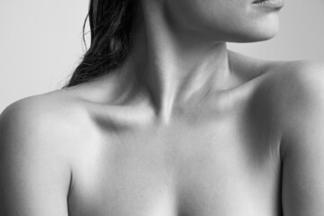 close up of woman neck and shoulders natural beauty skin bw - 454342195
