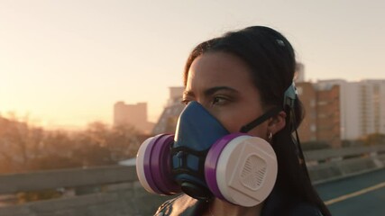 portrait woman wearing gas mask rebellious girl protesting against pollution with respirator for poisonous air global warming climate change emergency