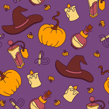 Colored seamless pattern of halloween witch items prints. Vector illustration, design, doodle. Festive packaging. Pumpkin.