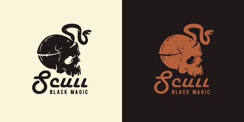 Skull with snake for halloween skeleton print. Halloween undead and walking dead. Fear, horror and spooky zombie for design dark party of happy halloween