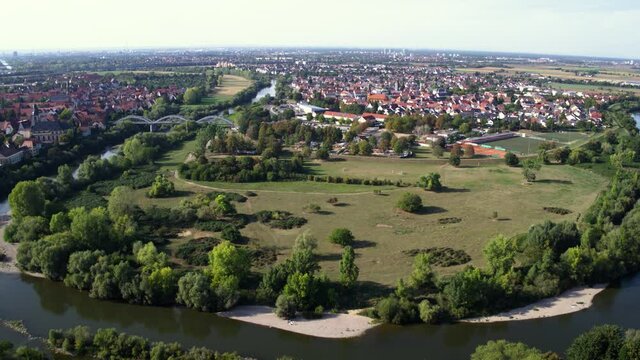 old City, river and fields push out and drop down droneshot