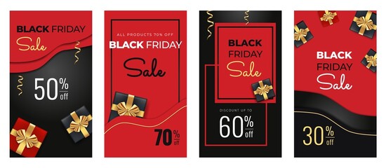 Black Friday sale vertical banners for social media. Screen backdrop for stories and posts, mobile app, cards. Story black and red vector template with gift boxes, golden ribbons, serpentine.