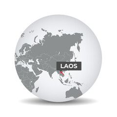 Fototapeta na wymiar World globe map with the identication of Laos. Map of Laos. Laos on grey political 3D globe. Asia map. Vector stock.