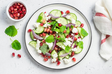 Fresh summer dietitian pomegranate cucumber salsa, red onion mint vinegar gressing. Space for text, top view.
