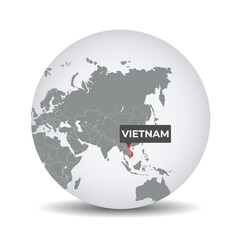 World globe map with the identication of Vietnam. Map of Vietnam. Vietnam on grey political 3D globe. Asia map. Vector stock.