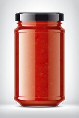 Glass Jar with Tomato Sauce on Background. 
