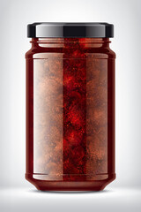 Glass Jar with Strawberry Jam on Background. 
