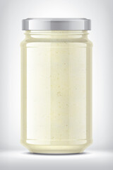Glass Jar with Sauce on Background. 