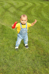 a little boy in a yellow T-shirt is standing on the lawn in the park holding a red bell pepper