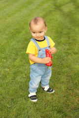 a little boy in a yellow T-shirt is standing on the lawn in the park holding a red bell pepper