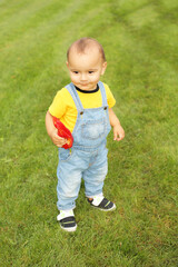 a little boy in a yellow T-shirt is standing on the lawn in the park holding a red bell pepper