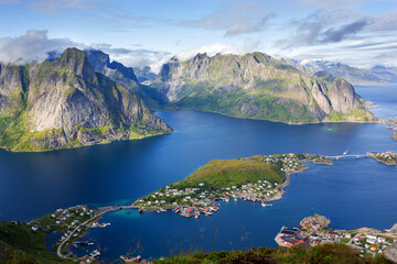 Beautiful panorama mountain landscape at sunset from the top of Reinebringen trekking path, Norway