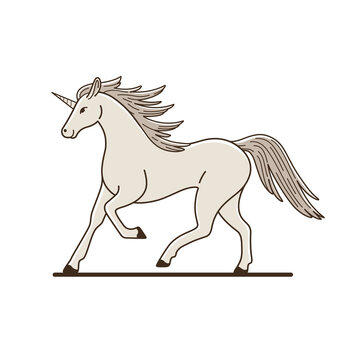Prancing unicorn with long wavy mane. Stylized  illustration in cartoon style.