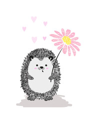 Cute cartoon hedgehog with flower. Vector illustration.