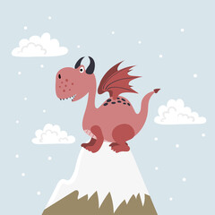 Cute cartoon dragon. Vector flat illustration for kids. Children print