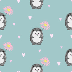 Cute watercolor hedgehog with flower seamless pattern. Vector illustration for kids. © Afanasia